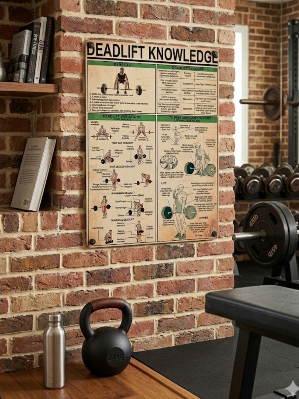 Vintage-style 'Deadlift Knowledge' Gym Metal Sign - Cream & Green